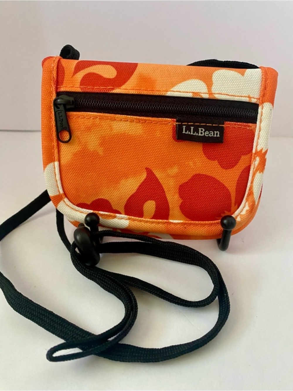 L.L.Bean Orange Floral Mini Crossbody Pouch with Black Strap